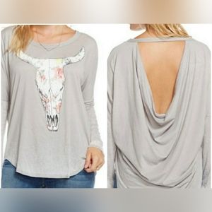 Chaser blooming cow skull graphic drape back long sleeve top boho medium NWT